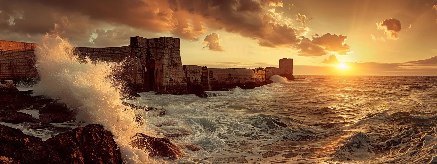 a powerful fortress stands tall against turbulent waves, symbolizing an economic moat that safeguards a thriving market from fierce competition under a dramatic sunset sky.