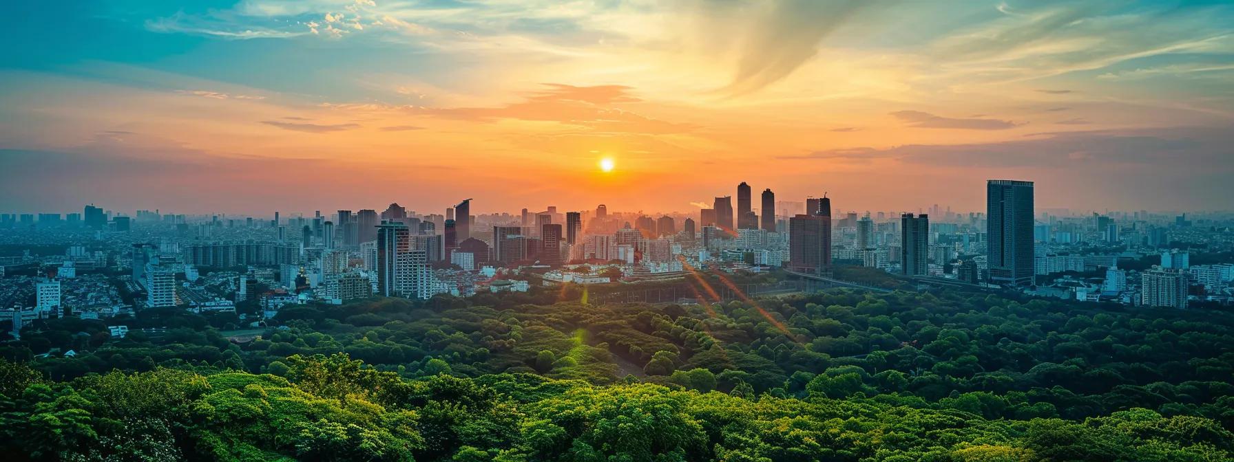 a tranquil sunset over a thriving city skyline, symbolizing stability and growth, with lush greenery in the foreground, representing the rewarding journey of long-term stock investment.
