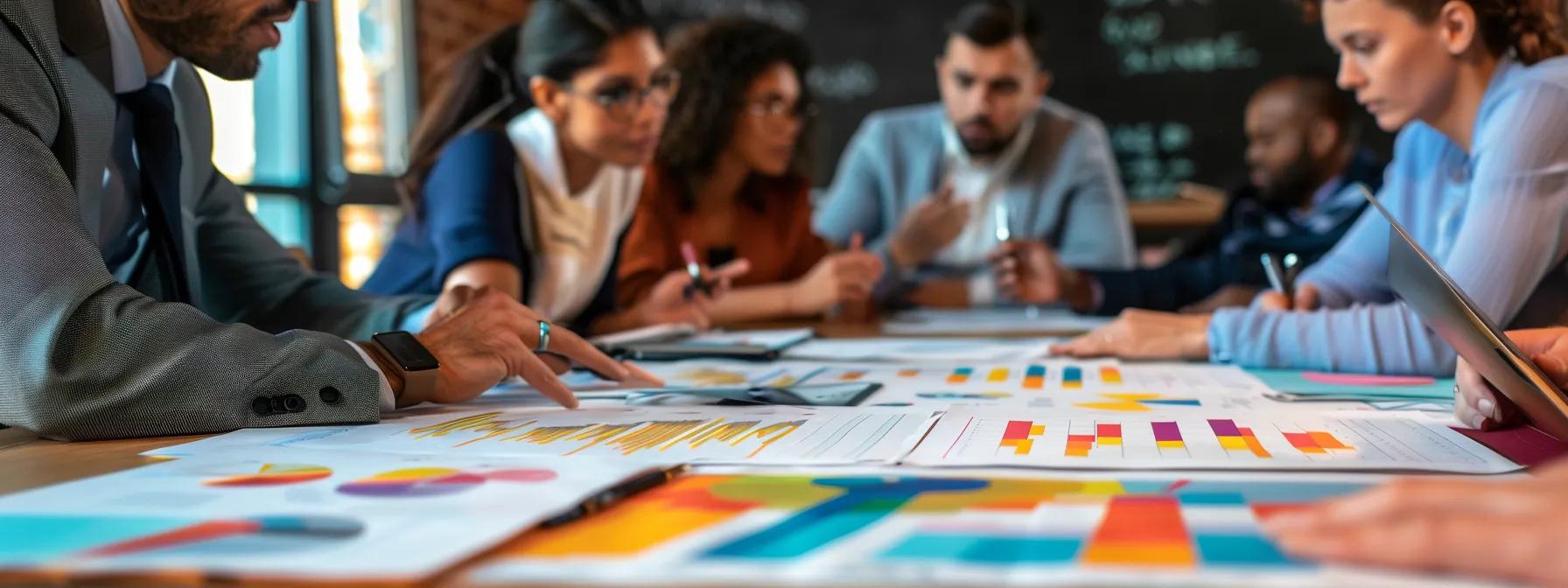 a vibrant, close-up image of a diverse group of people engaged in animated discussion around a table filled with colorful graphs and charts, symbolizing the collaborative and informed nature of investing in index funds.