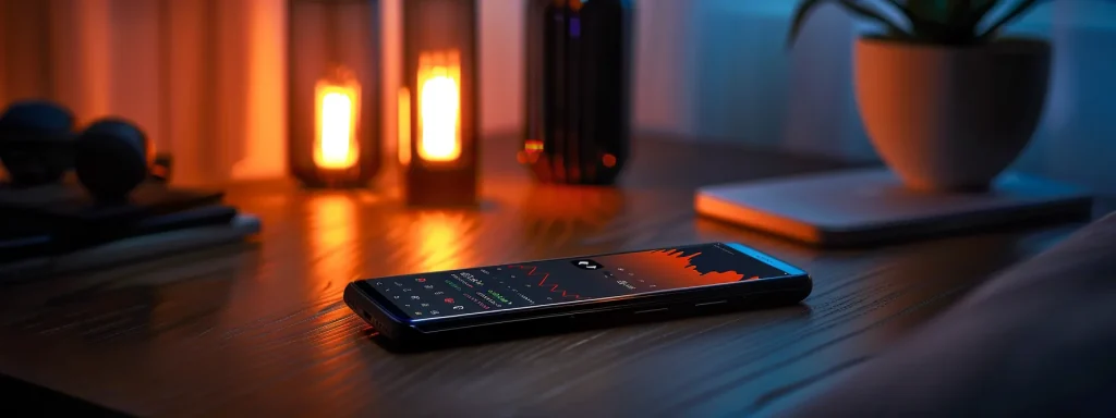 a dynamic and vibrant smartphone screen displays fluctuating stock price graphs and alert notifications, illuminated by a soft, glowing light that captures the essence of financial vigilance.
