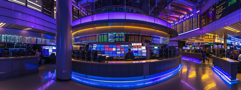 a dynamic, glowing stock market ticker illuminates a bustling trading floor, showcasing real-time alerts in vivid colors, reflecting the urgency and vibrancy of modern trading technology under dramatic overhead lighting.