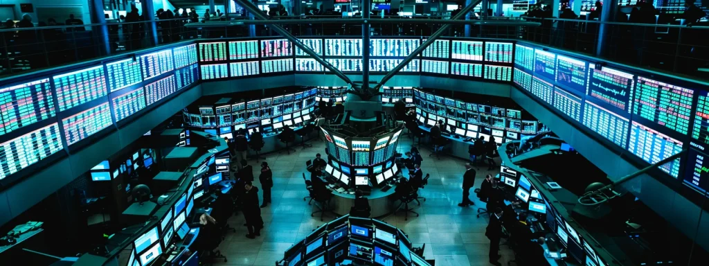 a dynamic, high-contrast image of a bustling stock market trading floor filled with monitors displaying real-time stock alerts, illuminated by bright digital screens and the energetic expression of traders.