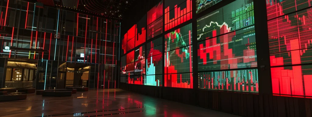 a dynamic stock market display with bold, fluctuating graphs and vibrant red and green indicators illuminating the room, capturing the essence of real-time stock movements.
