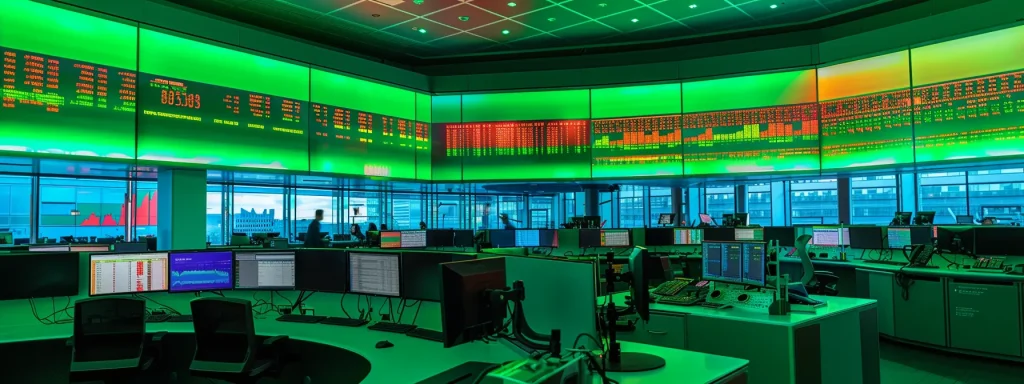 a dynamic stock market display featuring vibrant green and red candlestick charts, illuminated by the glow of multiple screens showcasing real-time stock alerts in a bustling financial trading environment.