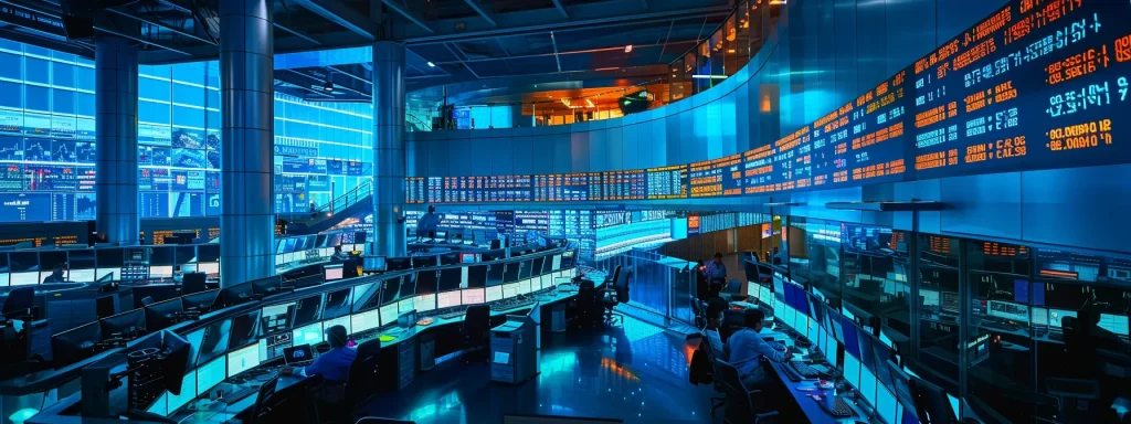 a dynamic trading floor illuminated by vibrant screens displaying instant notifications, capturing the intensity and excitement of real-time trading strategies in action.