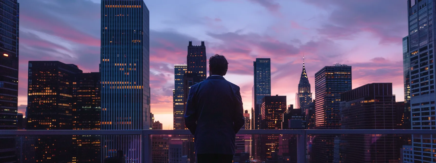 a dynamic urban skyline at dusk, showcasing vibrant financial district colors with towering skyscrapers illuminated against a deepening twilight sky, symbolizing the pulse of investment opportunities.