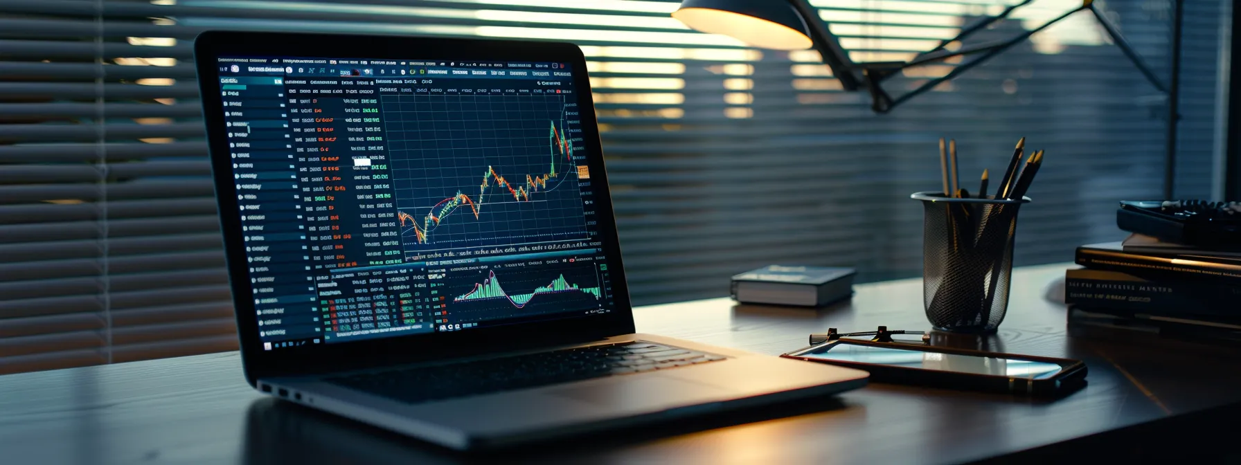 a radiant office workspace illuminated by soft natural light, showcasing a sleek laptop displaying vibrant stock graphs and alert notifications, symbolizing the dynamic world of top email stock alert services.