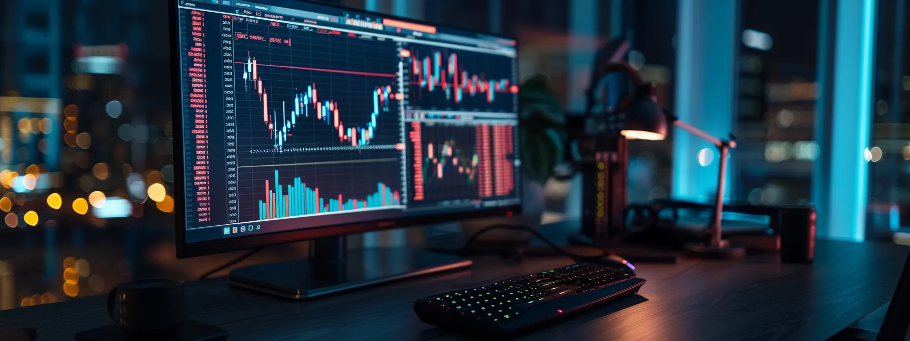a striking, immersive still-life composition featuring a series of sleek digital stock alert notifications glowing against a dark, modern workspace backdrop, highlighting the contrast between technology and finance.