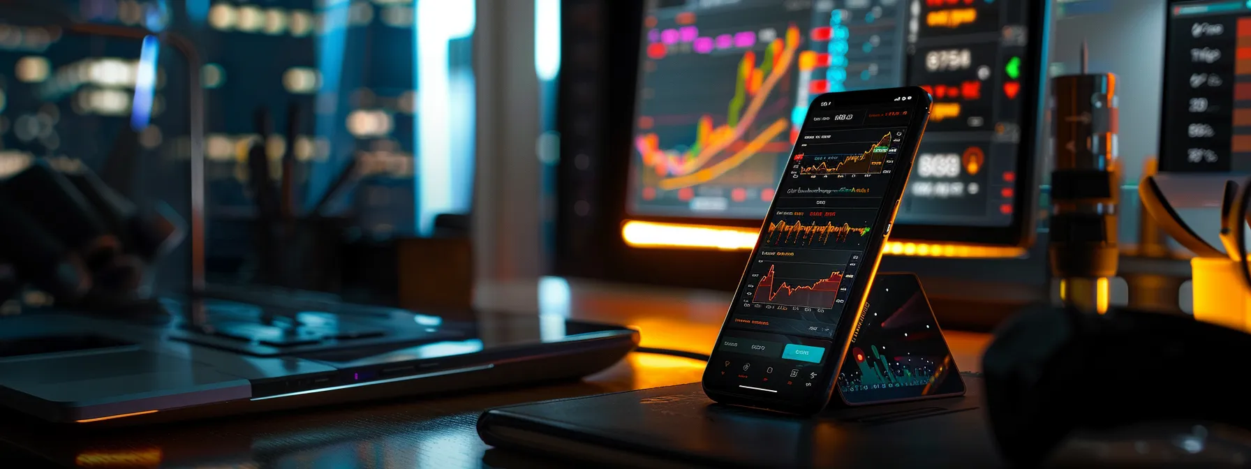 a vibrant close-up of a smartphone screen displaying dynamic stock trading notifications against a sleek, modern workspace, illuminated by soft ambient lighting.