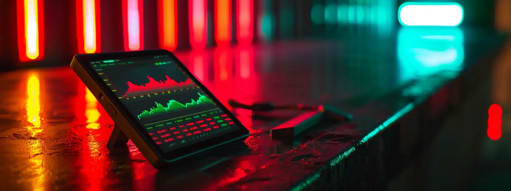 a vibrant, dynamic scene depicting a financial chart on a sleek digital device, illuminated by a soft glow, showcasing real-time stock alerts with vivid green and red indicators against a sharp, modern backdrop.
