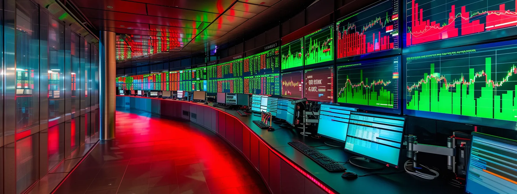a visually striking scene of a stock market analyst intently studying glowing investment alerts on multiple digital screens, reflecting a dynamic blend of green and red stock trend lines, under ambient office lighting that enhances the atmosphere of focus and urgency.
